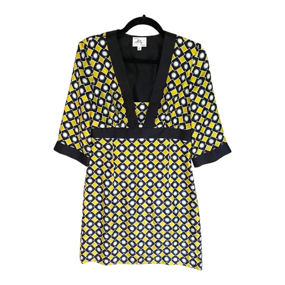 Milly New York Size 6 Yellow Black White 100% Silk Elbow Sleeve V-neck Dress
